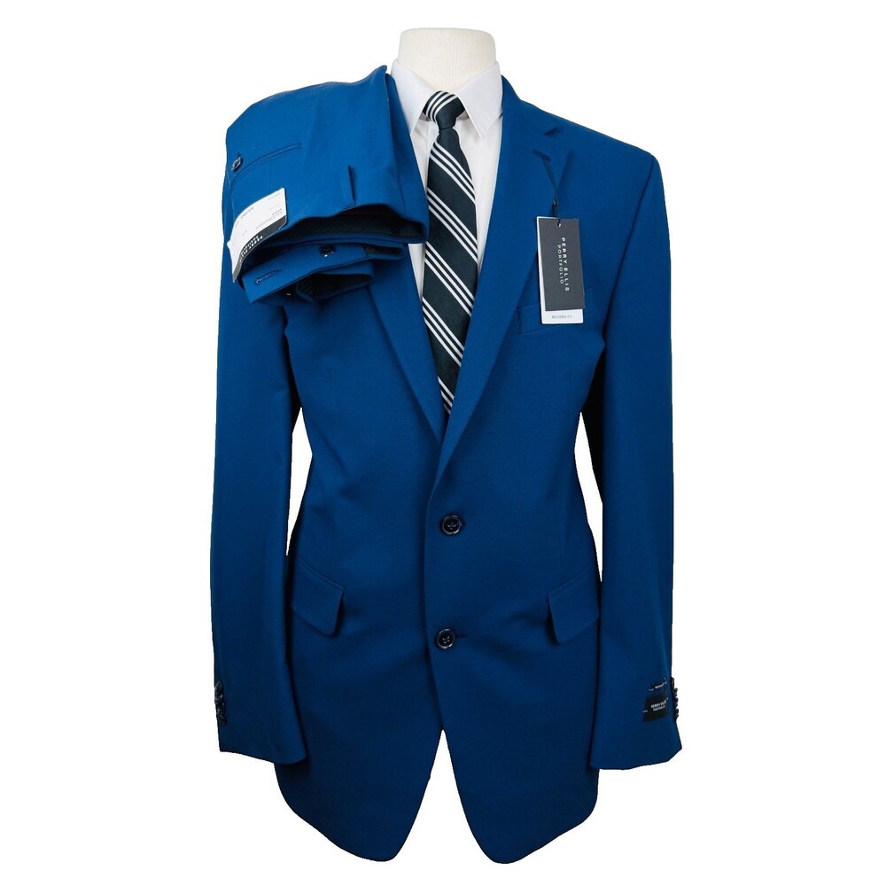 $395 NEW PERRY ELLIS MENS 42L SOLID BLUE 2 PIECE SUIT WITH DRESS PANTS 35X33